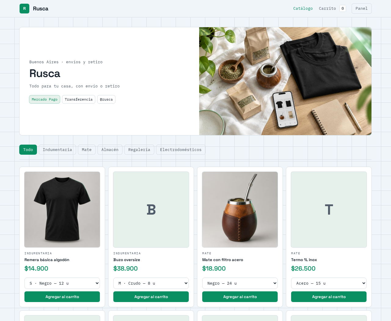 Captura real de Rusca: catálogo con categorías, precios, variantes y botones para agregar al carrito